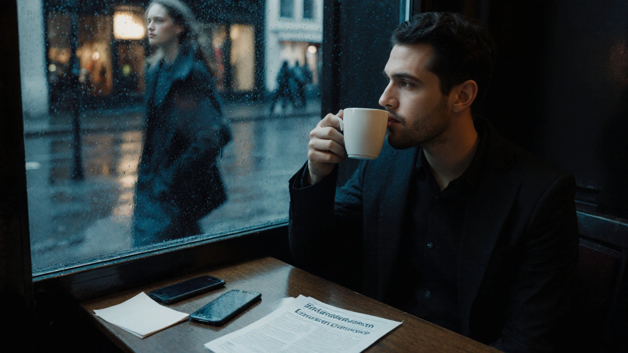 A man in a London café watches a woman pass by on a rainy street, with a verified directory page on the table.