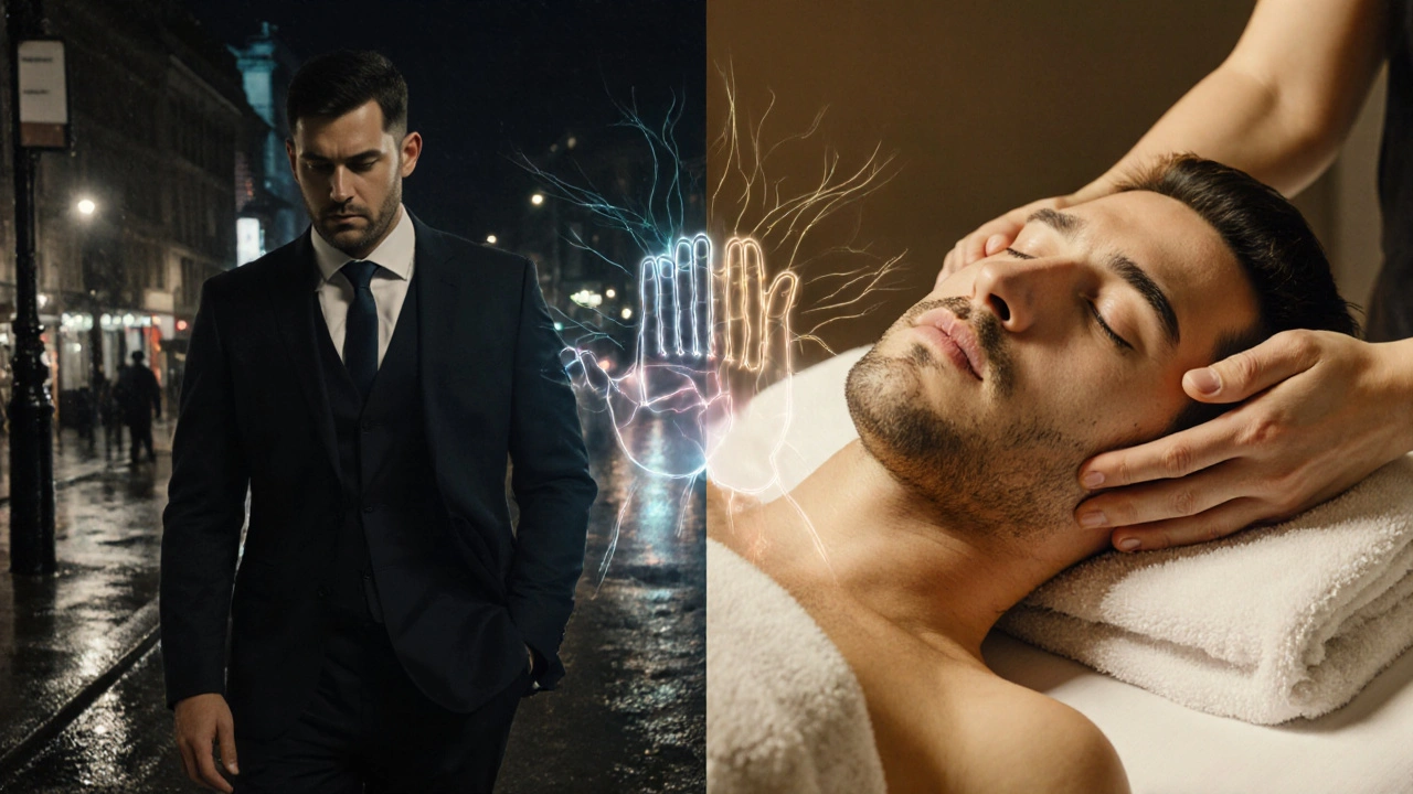 A man transitioning from stress in rainy London to peace during a therapeutic massage.