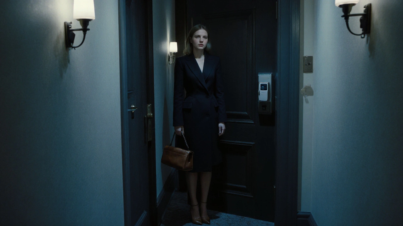 A professional escort in a London hotel hallway, preparing for a private meeting, discreet and elegant.