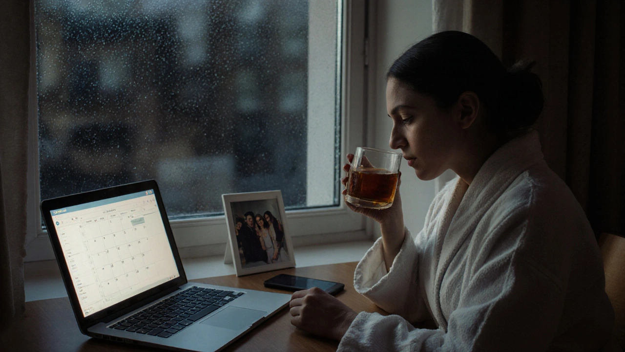 A professional escort sits alone at night, reflecting quietly in her London flat.