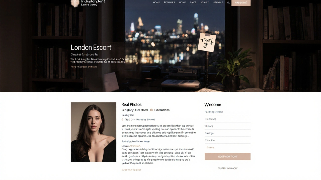 A professional escort website on a laptop, showing real photos and a secure contact form in a home office.