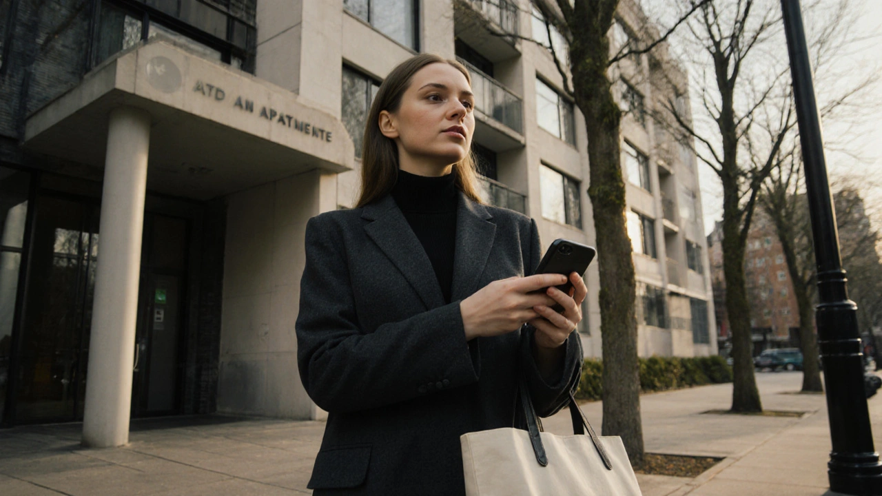 A professional individual standing outside an East London apartment, holding a phone, in morning light.