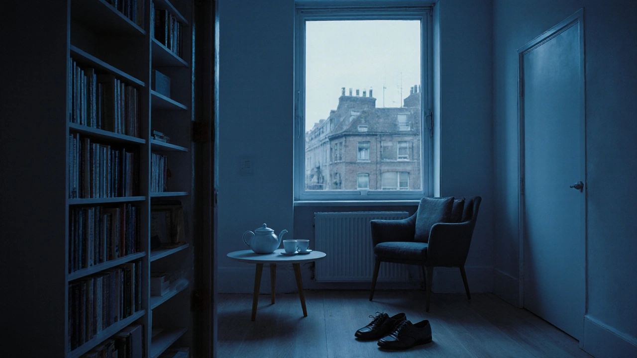 A quiet, tastefully furnished apartment in West Ealing with books and a teapot on a table.