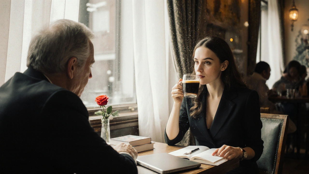 A Russian escort and client having a thoughtful conversation in a cozy London café, no phones in sight.