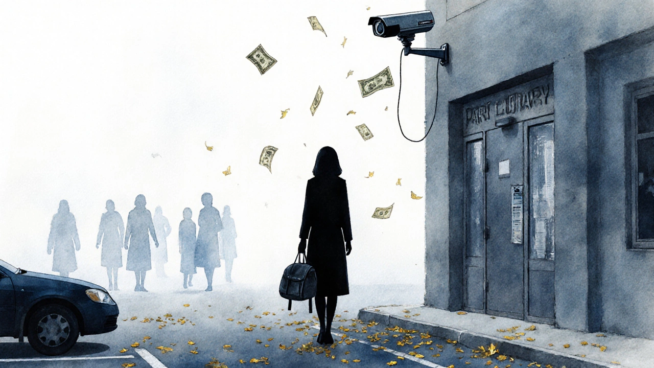 A solitary woman in a library parking lot, a broken CCTV camera above her, faint silhouettes of others fading into mist.