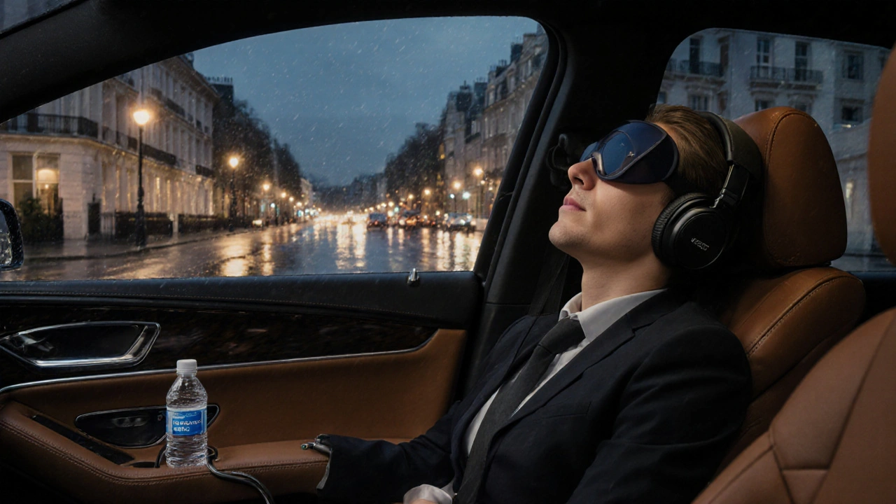A tired traveler relaxes in a dimly lit luxury car at night, headphones on, passing Mayfair’s elegant streets.