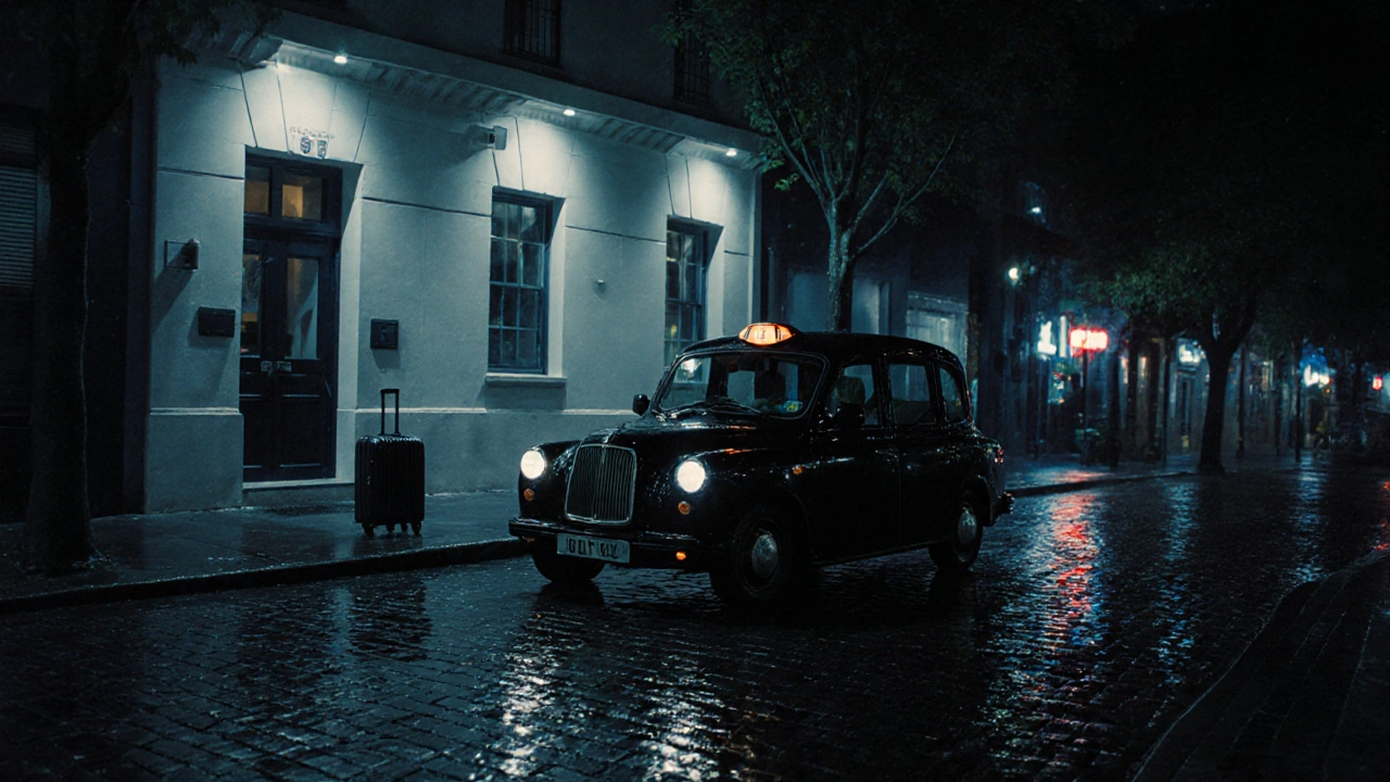 A vintage taxi pulling away from a discreet apartment entrance on a quiet Paddington street at night.