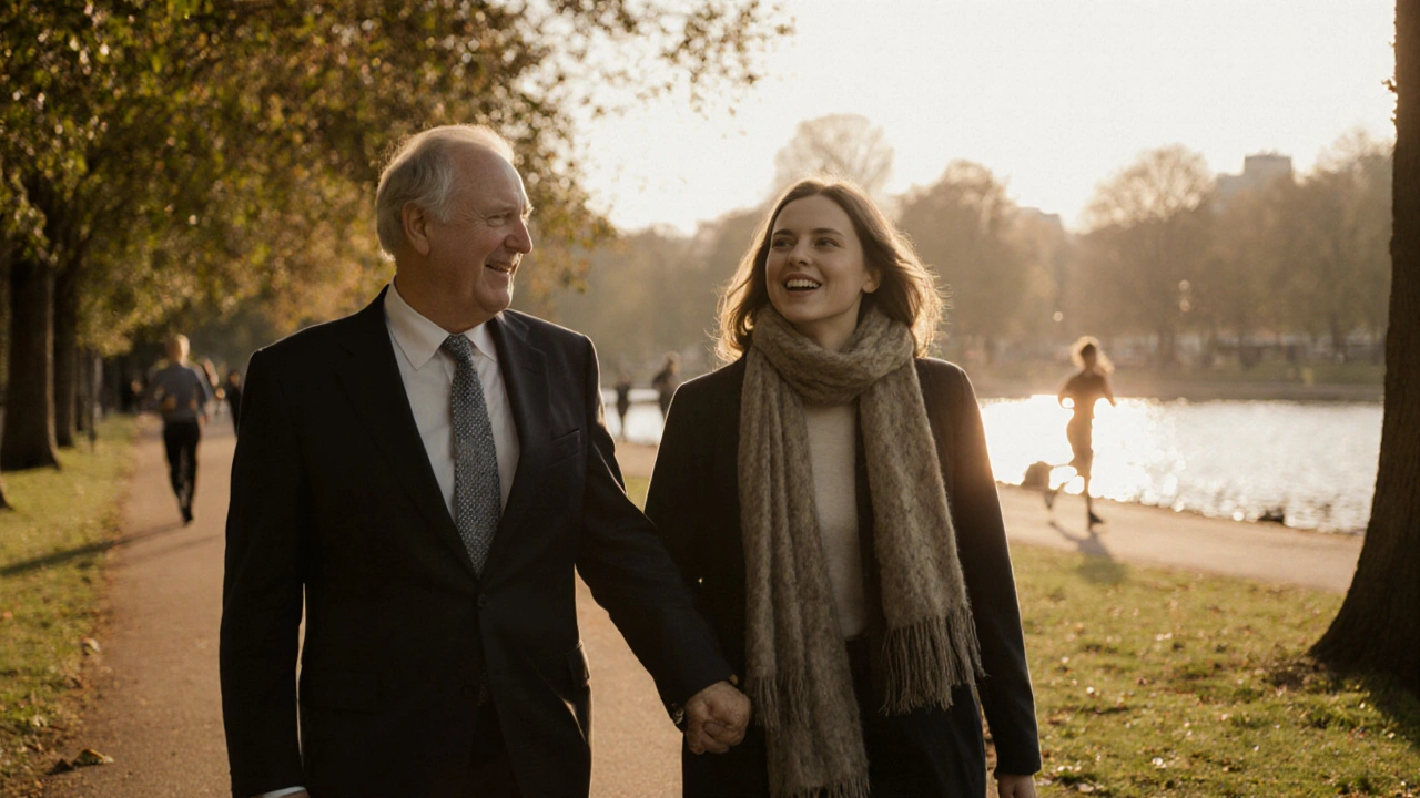 A woman and man walking peacefully together in Hyde Park during golden hour.