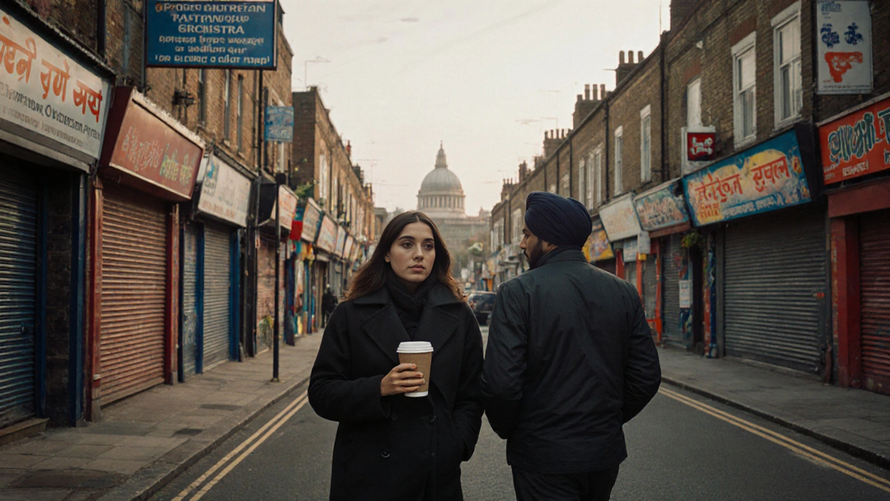 A woman and man walking together past vibrant Southall shops, representing cultural diversity in West London.