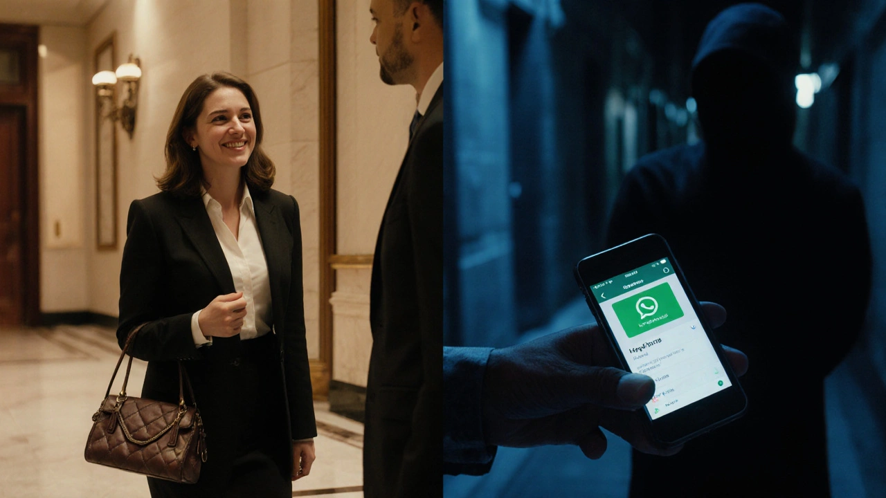 A woman arrives safely at a luxury hotel to meet a client, contrasted with a risky cash transaction in a dark alley.