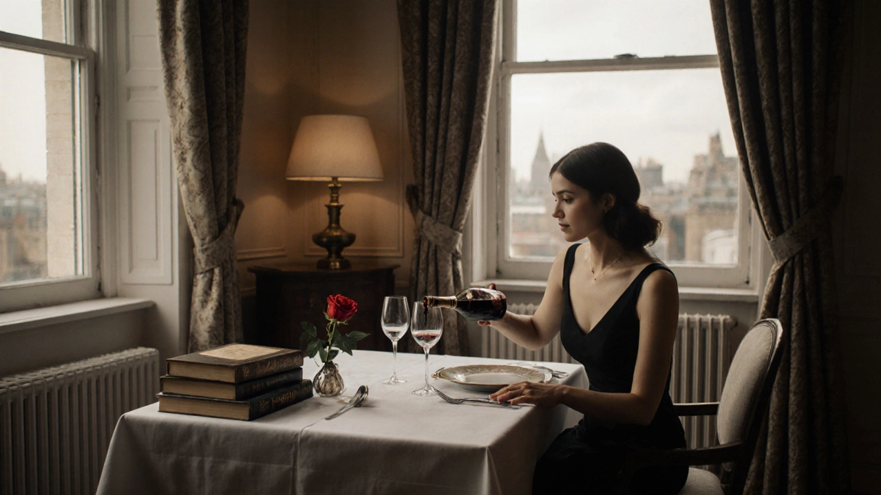A woman in a black dress pouring wine in an elegant private flat with soft lighting and art books.