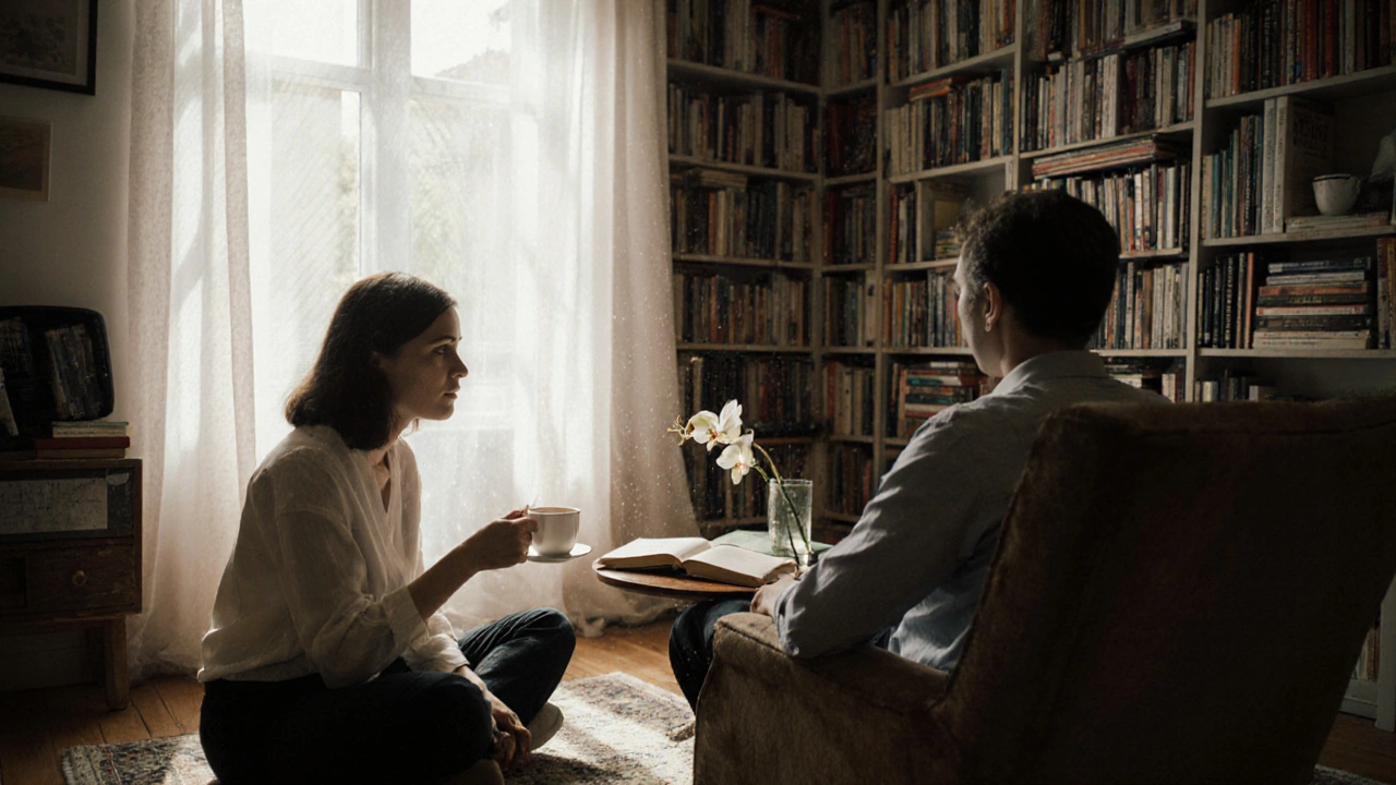 A woman offers tea to a client in a book-filled South Ealing flat, sunlight streaming through curtains.