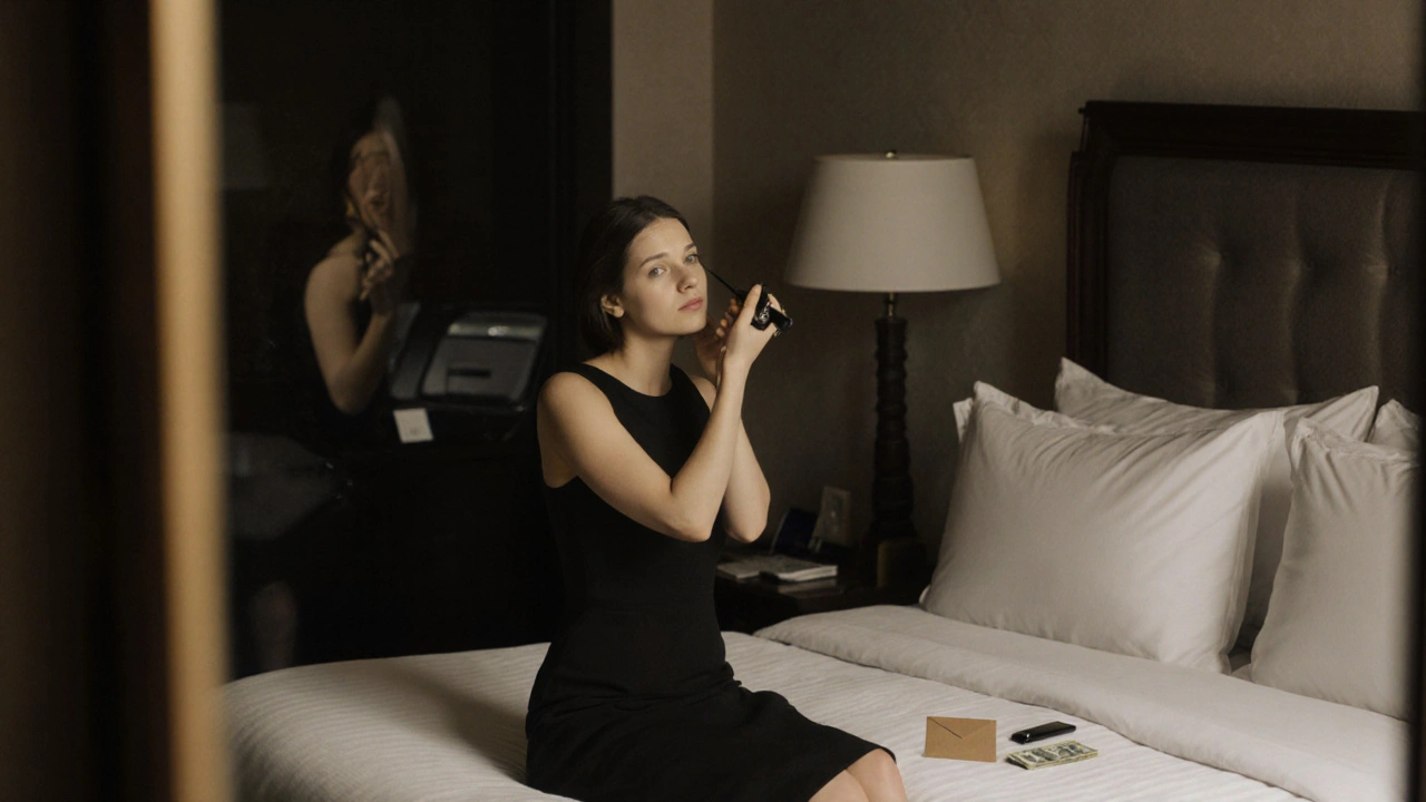 A woman preparing for an appointment in a hotel room, dressed elegantly, focusing on her reflection in silence.