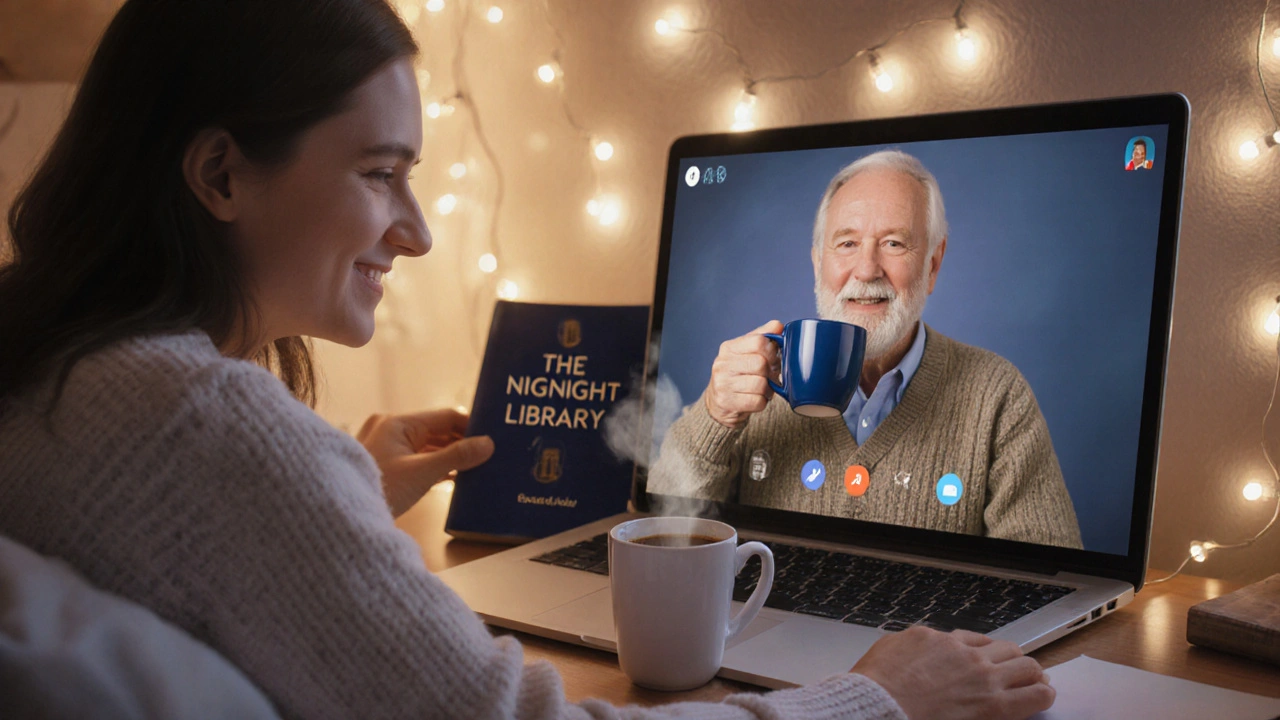 A woman video calling a client from her softly lit bedroom, warm fairy lights and a book on the desk, intimate virtual connection.