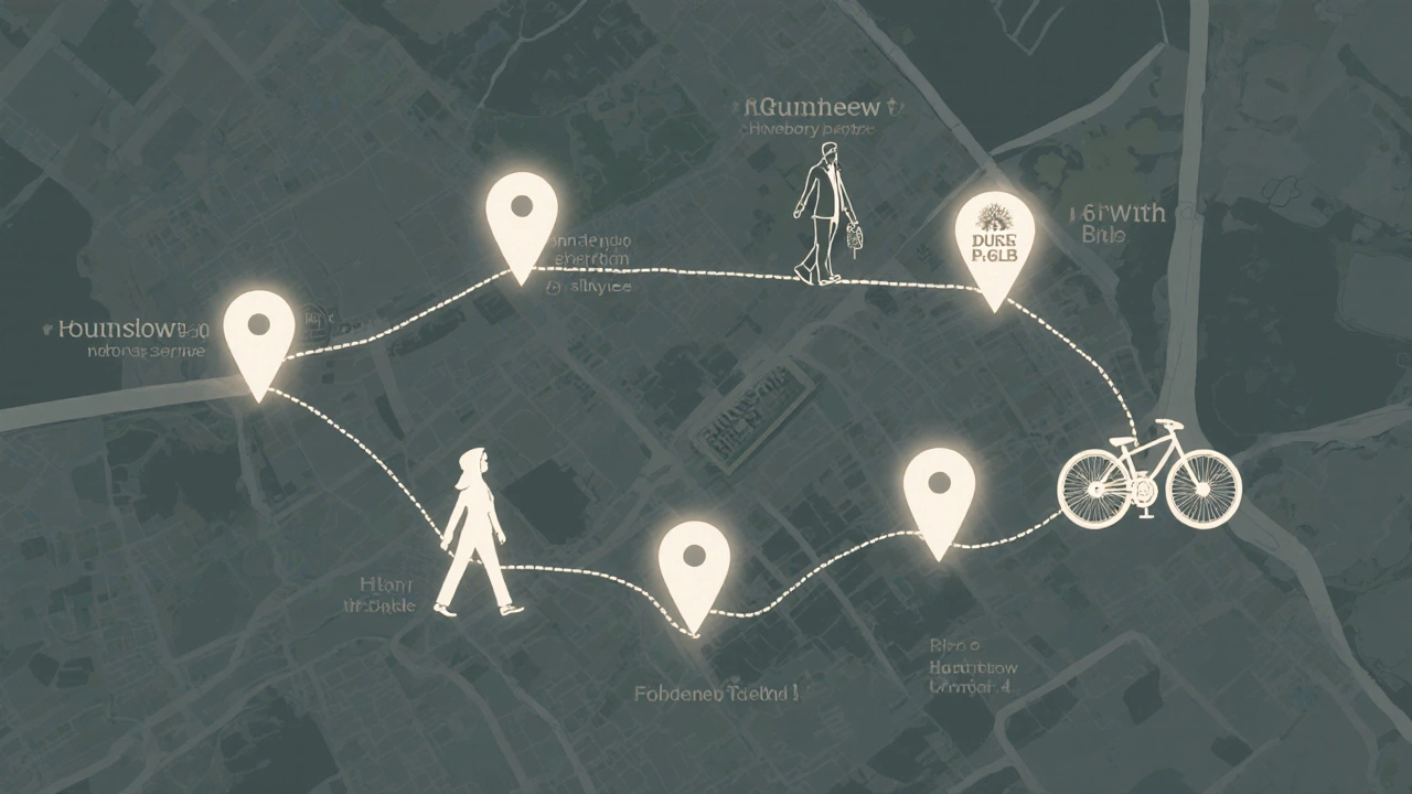 Abstract map of Hounslow with glowing landmarks connected by a thread, symbolizing safety and local knowledge.