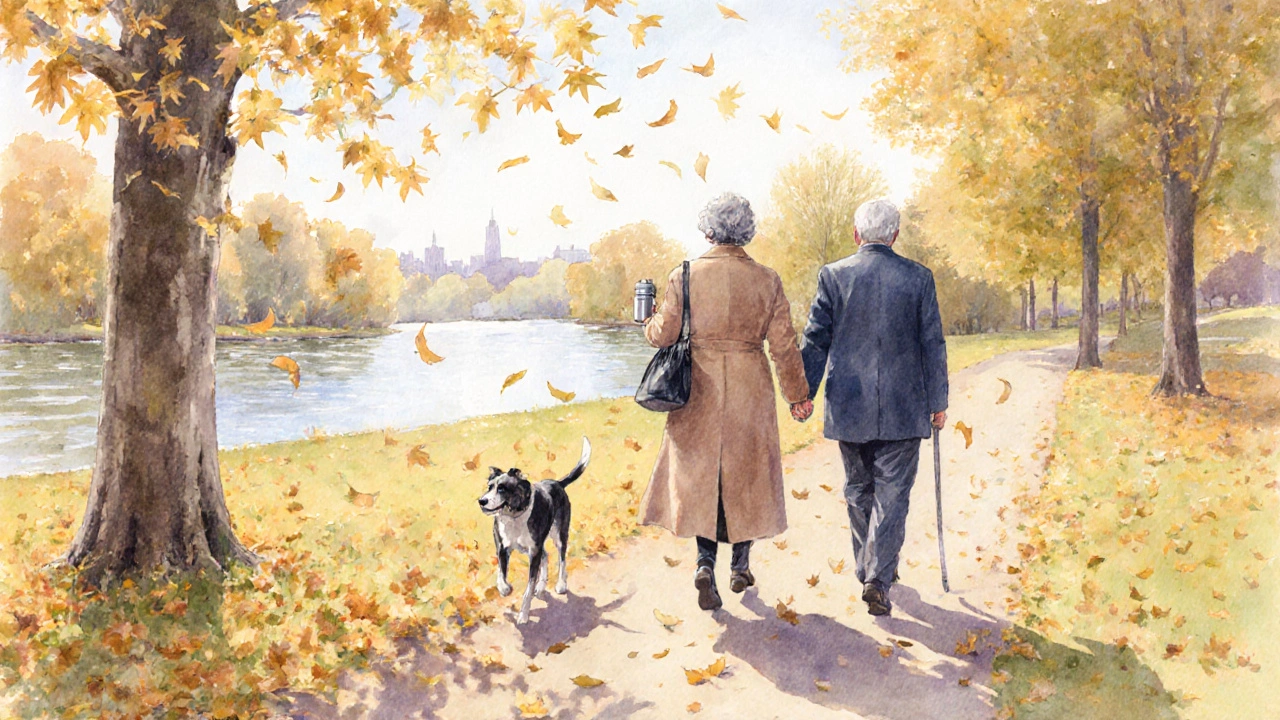 An elderly woman and client walk through autumn leaves in Richmond Park, hand in hand.