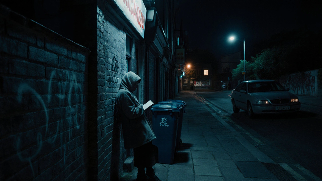 An empty alley behind a Turkish takeaway in Forest Gate at night, two cars parked quietly under a flickering streetlamp.