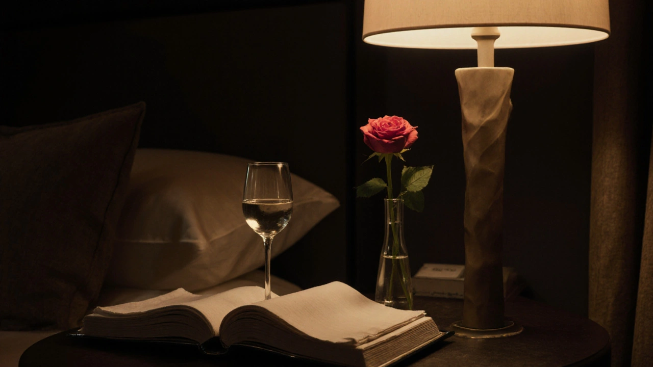 An empty hotel room with wine glass, book, and rose, softly lit, suggesting a quiet evening awaiting companionship.