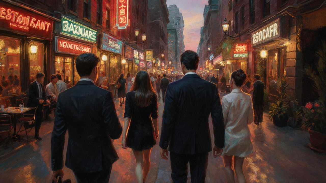 An escort guides diverse travelers through the neon-lit streets of Soho at dusk, creating a quiet moment of connection.
