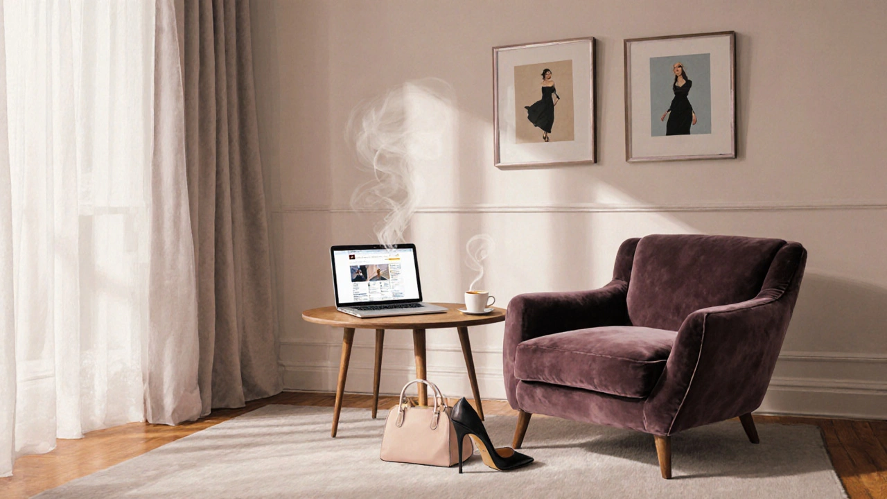 An independent escort&#039;s serene Mayfair apartment with tea, laptop, and personal items, suggesting autonomy and quiet preparation.