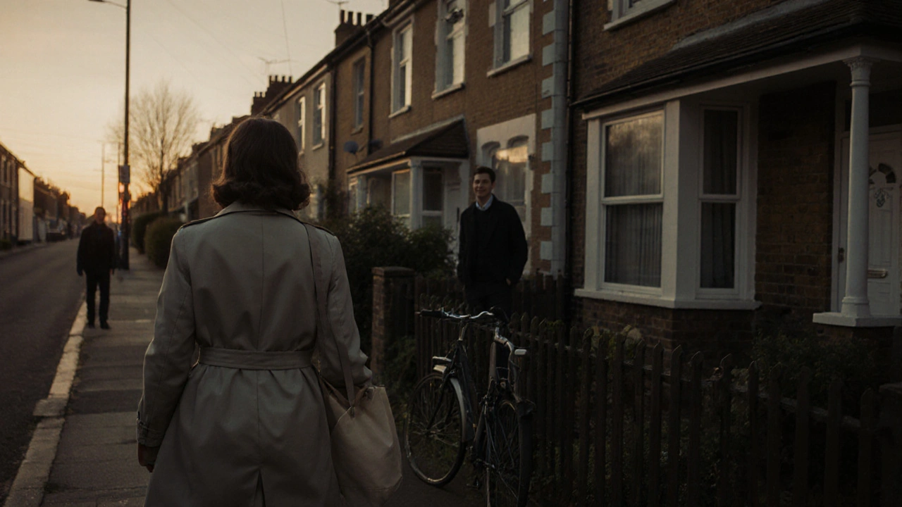 An independent escort walks away from a quiet Bromley home at dusk, embodying discretion and dignity.