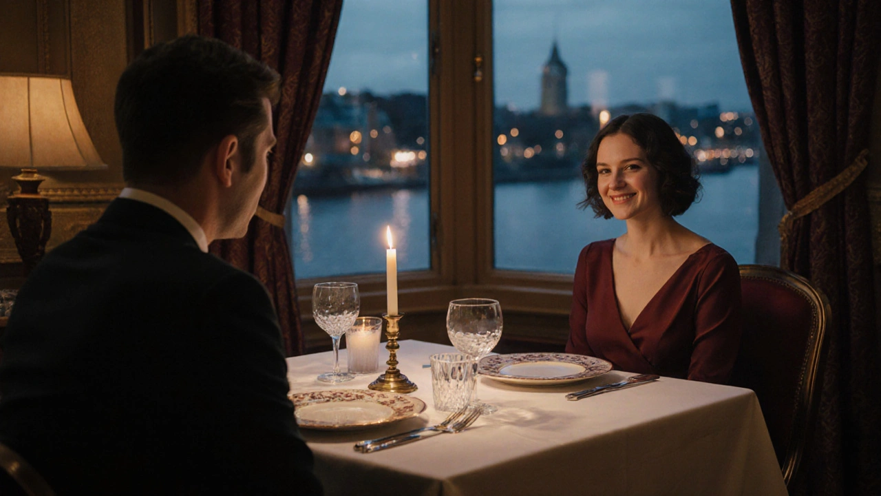 An intimate dinner at The Old Bank in Kingston, candlelit table by a river window with fine china and quiet conversation.