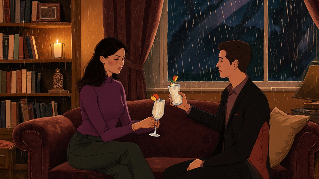 An intimate evening in Southgate: a woman serves cocktails by candlelight in a cozy living room with books and rain-streaked windows.