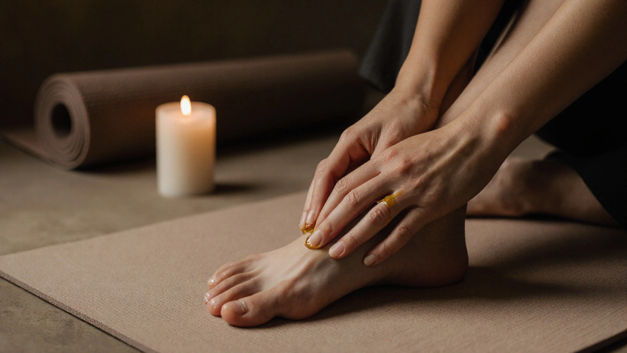Hands gently massaging a foot during a tantric session, oil glistening, soft candlelight in background.