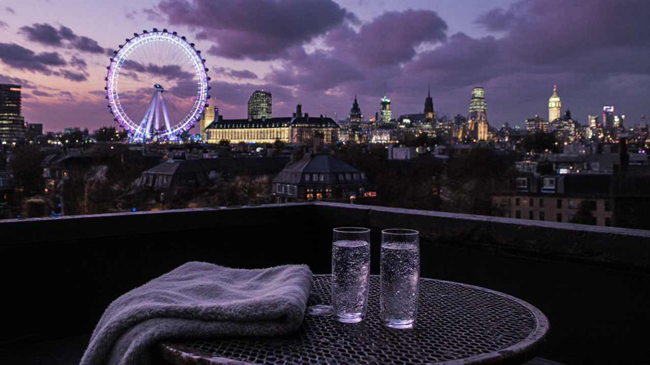 Hidden rooftop terrace in Stratford at twilight with view of glowing London Eye.