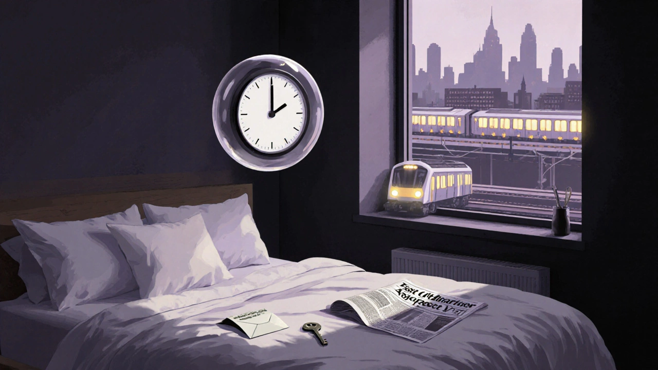 Objects symbolizing trust and respect in an East London flat: clock, cash, newspaper, key.