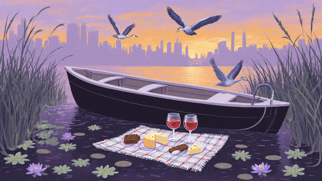 Quiet narrowboat on Mile End canal at sunset with picnic items on board.