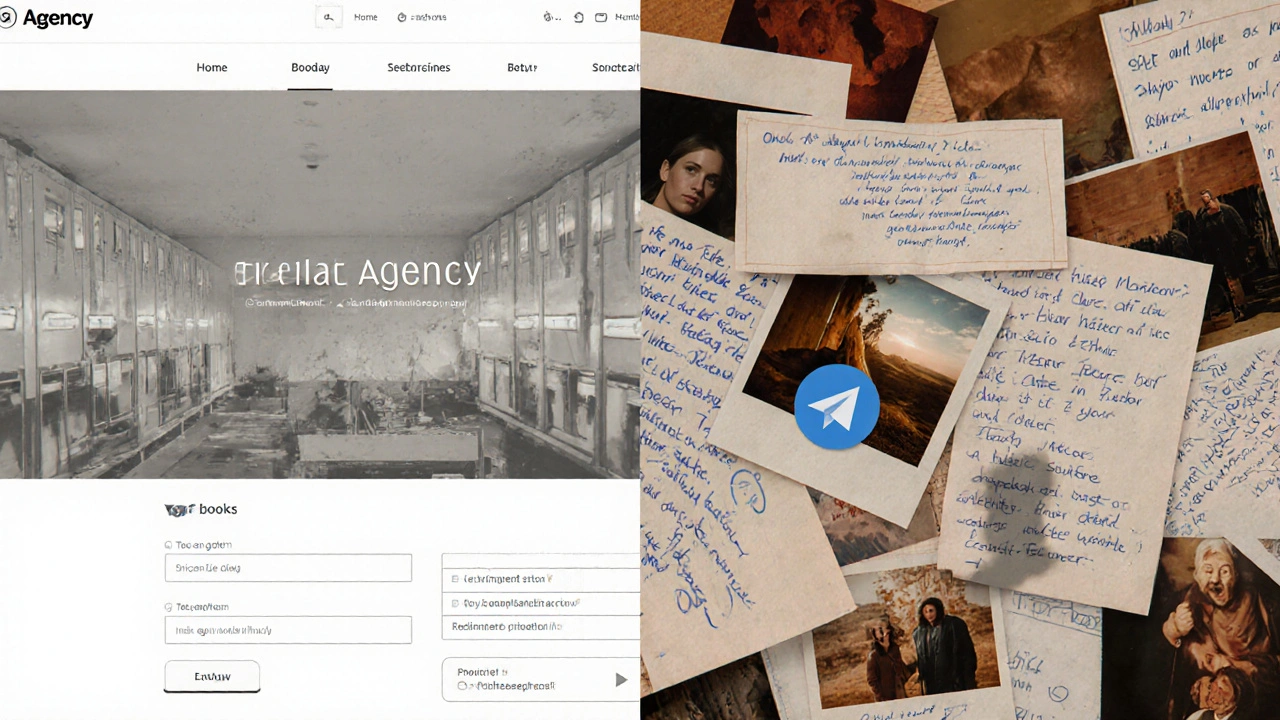 Split-screen digital art contrasting sterile agency website with personal independent escort posts, one side cold and uniform, the other warm and authentic.