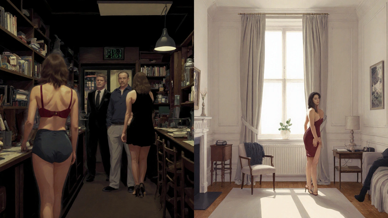 Split-screen: peaceful Greenwich escort meeting vs. chaotic London brothel environment.