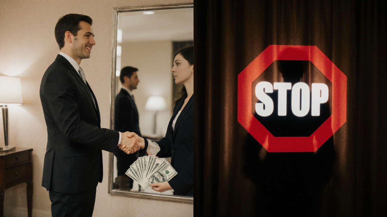 Symbolic image showing lawful companionship on one side and illegal activity on the other.