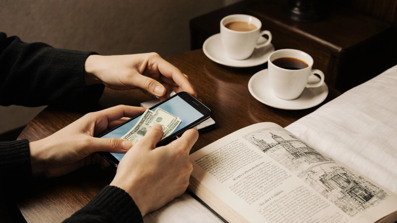 Three hands on a table in a hotel room holding cash, a phone, and resting calmly, no faces visible.