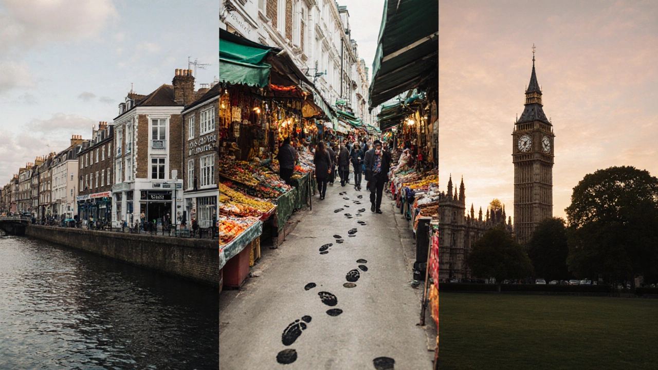 Three North London neighborhoods merge into one scene: canal, market, and park connected by footprints under a setting sun.