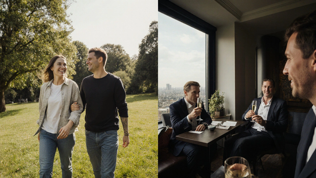 Two contrasting scenes: an escort walking casually through a park with a client, and another in a modern lounge with a business client.
