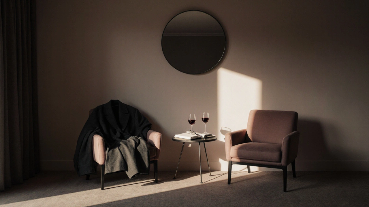 Two empty chairs in a hotel room, symbolizing companionship through presence rather than physicality.