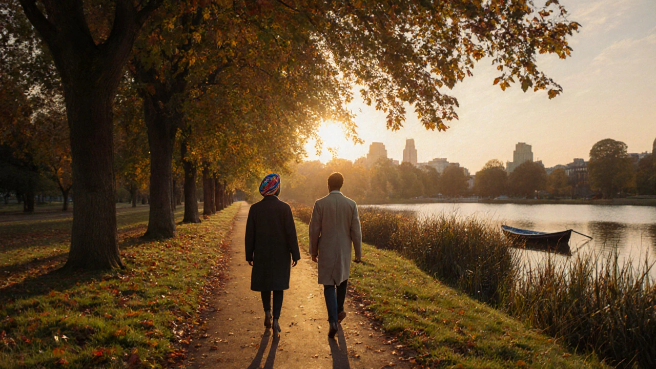 Two figures walk peacefully at sunset in Victoria Park, golden light through autumn trees.