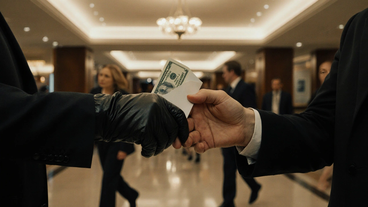 Two hands exchange cash in a hotel lobby, symbolizing a discreet, respectful transaction.