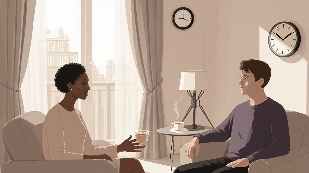 Two people seated respectfully in a softly lit apartment lounge, sharing quiet companionship without physical contact.