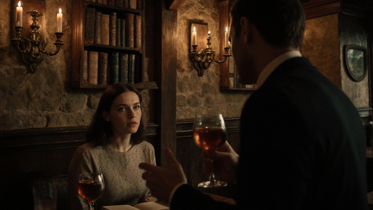 Two people share a quiet moment in The Green Man pub, candlelight reflecting off wooden interiors.