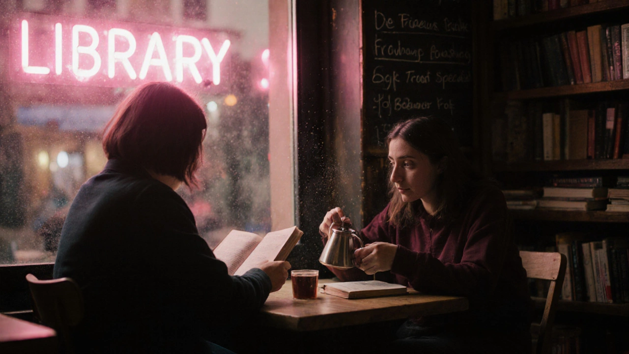 Two people share tea in a quiet 24-hour café, soft neon light glowing through the window.
