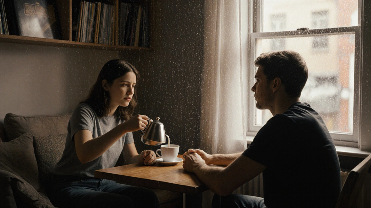 Two people sharing coffee in a cozy Camden flat during daylight, books and records in the background.