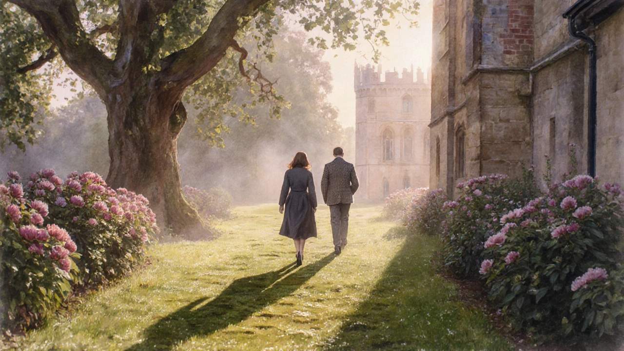 Two people walking silently through the misty gardens of Eltham Palace at sunrise, surrounded by historic trees and flowers.