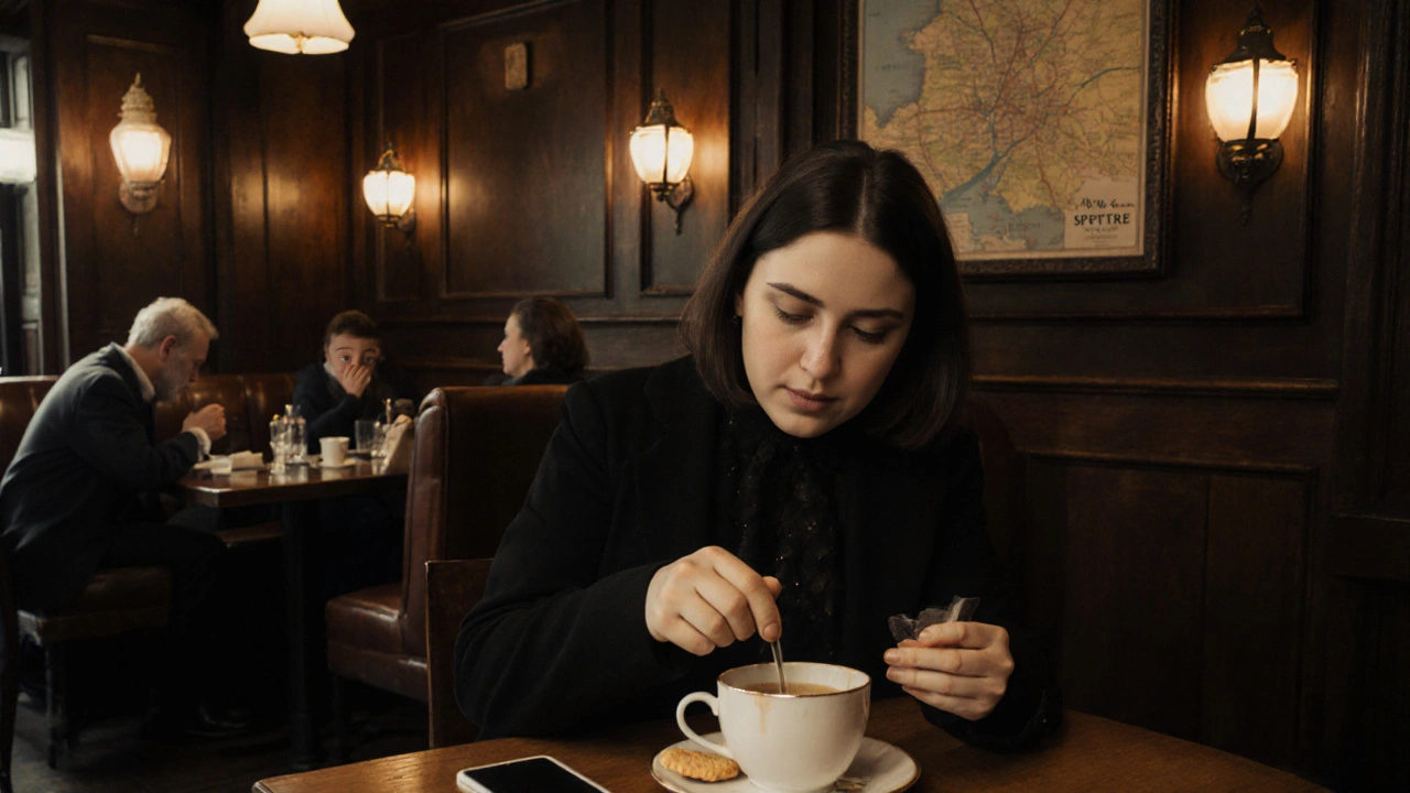 Woman quietly enjoying tea at The Crown &amp; Sceptre pub on Hounslow High Street, warm lighting and local atmosphere.