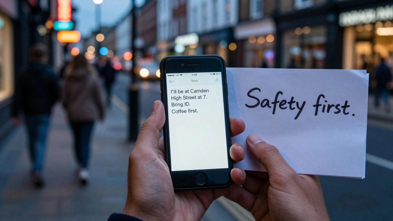 A burner phone showing a safety-conscious text message, next to a handwritten note in a Camden street setting.