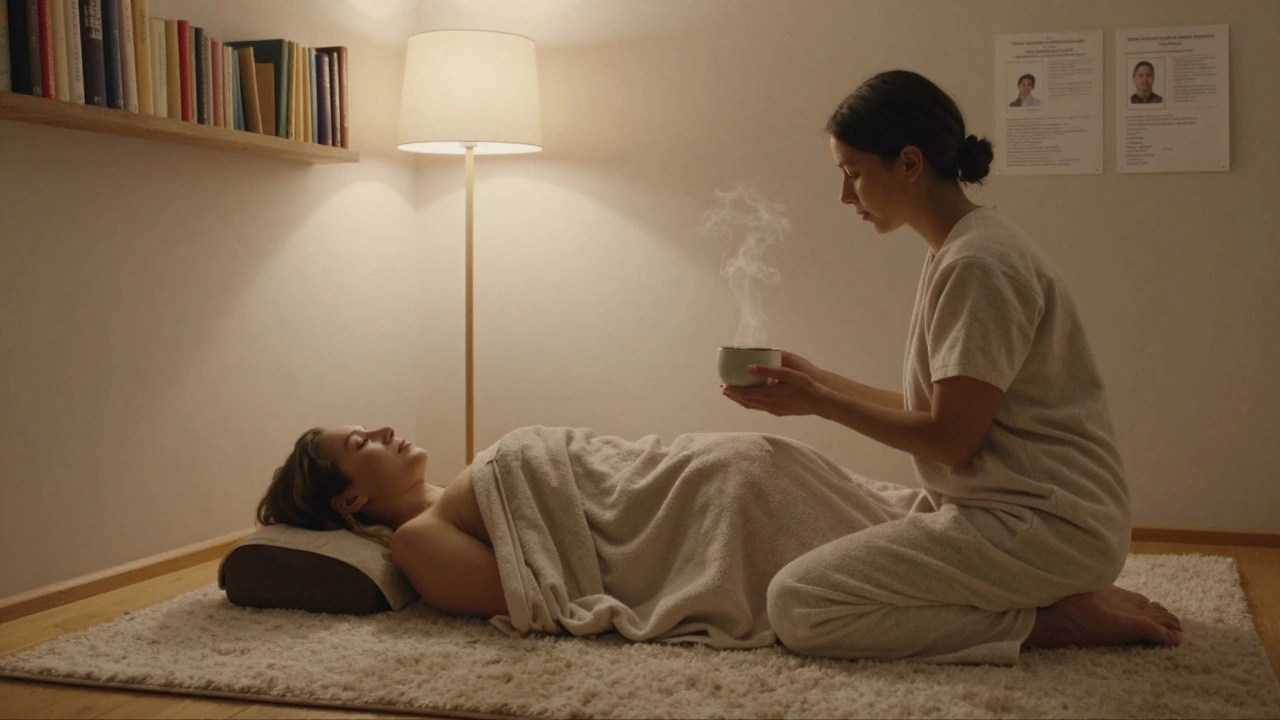 A client and provider sharing tea in calm aftercare, wrapped in towels.