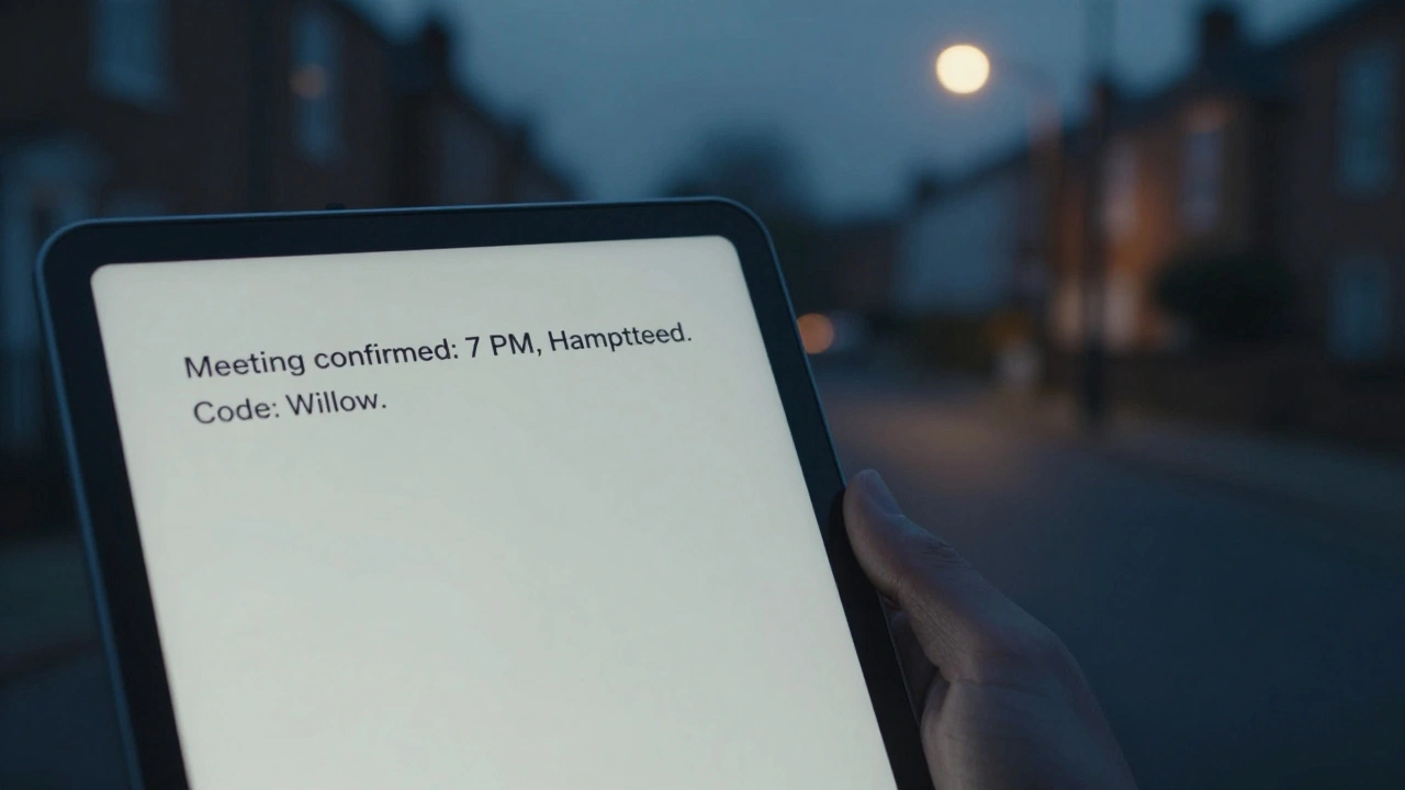A confirmation email on a tablet with a code word, set against a quiet London street at twilight.