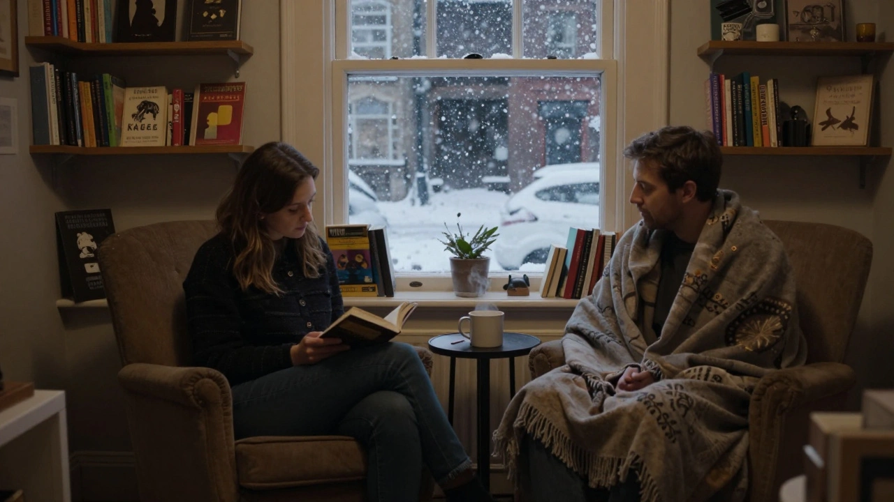 A couple relaxing in a cozy apartment above a bakery, snow falling outside the window.